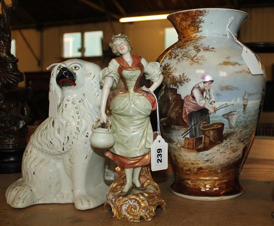 Limoges vase, Bisque figure and pair of Staffs dogs